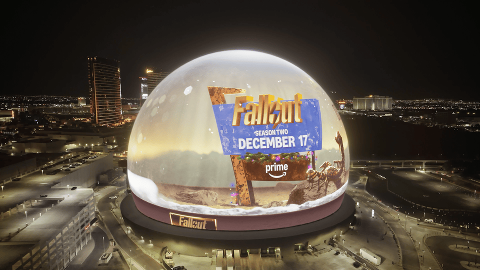 A giant Fallout snow globe on the Las Vegas Sphere.