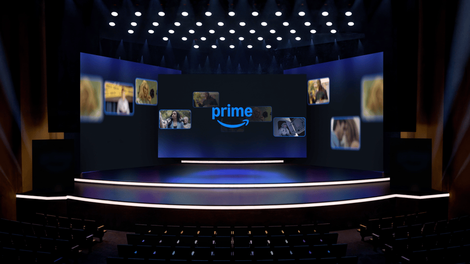 Prime Video stage animation cycling through portraits and entertainment artwork across layered screens.