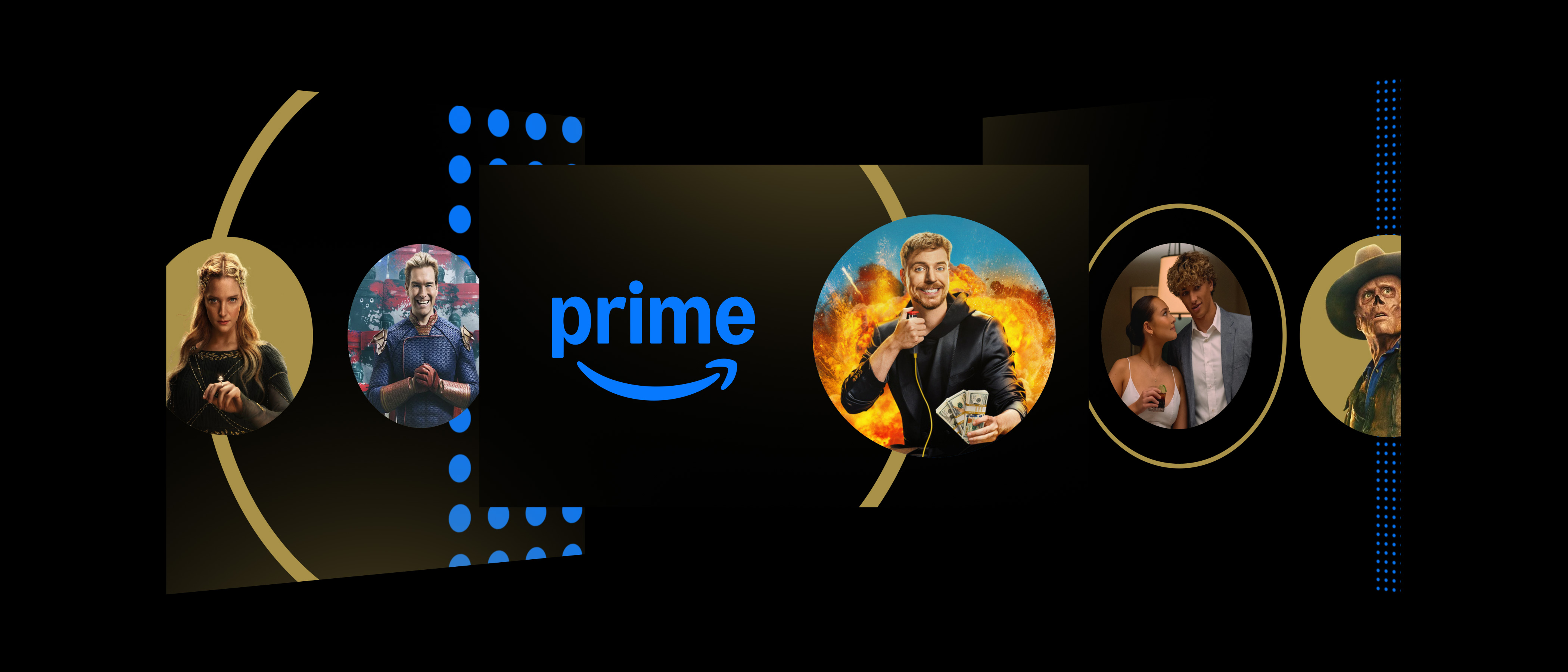 Prime logo and circular character portraits across overlapping black screens with gold curves and blue dots.