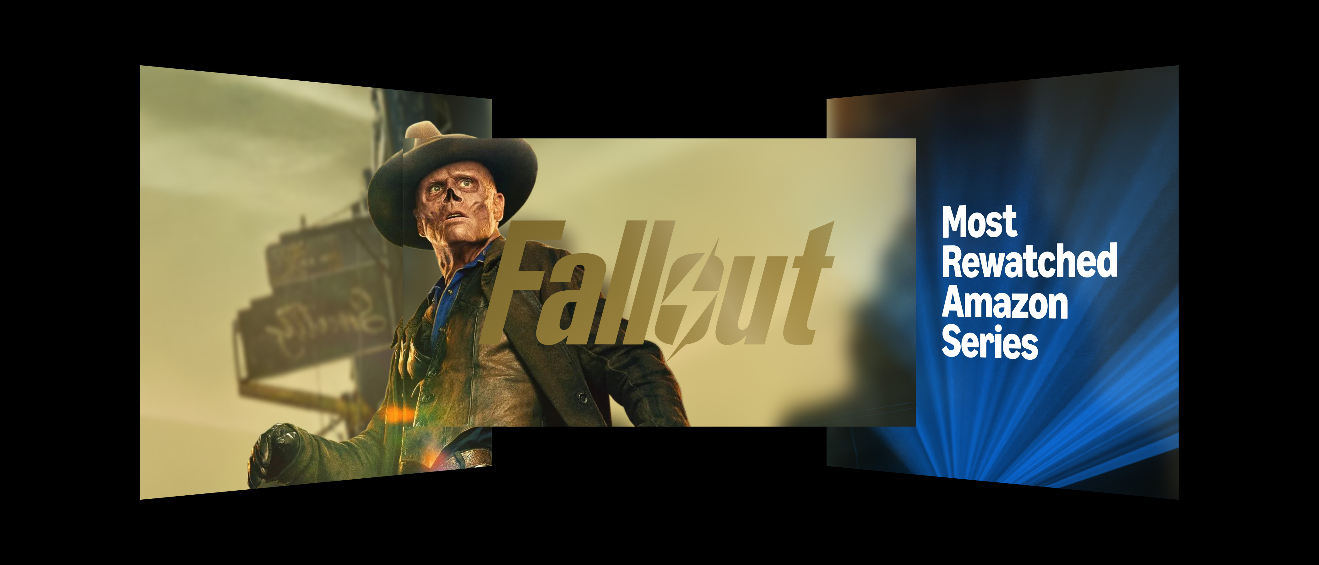 The Ghoul from Fallout fills a central screen beside a blue Most Rewatched Amazon Series panel.