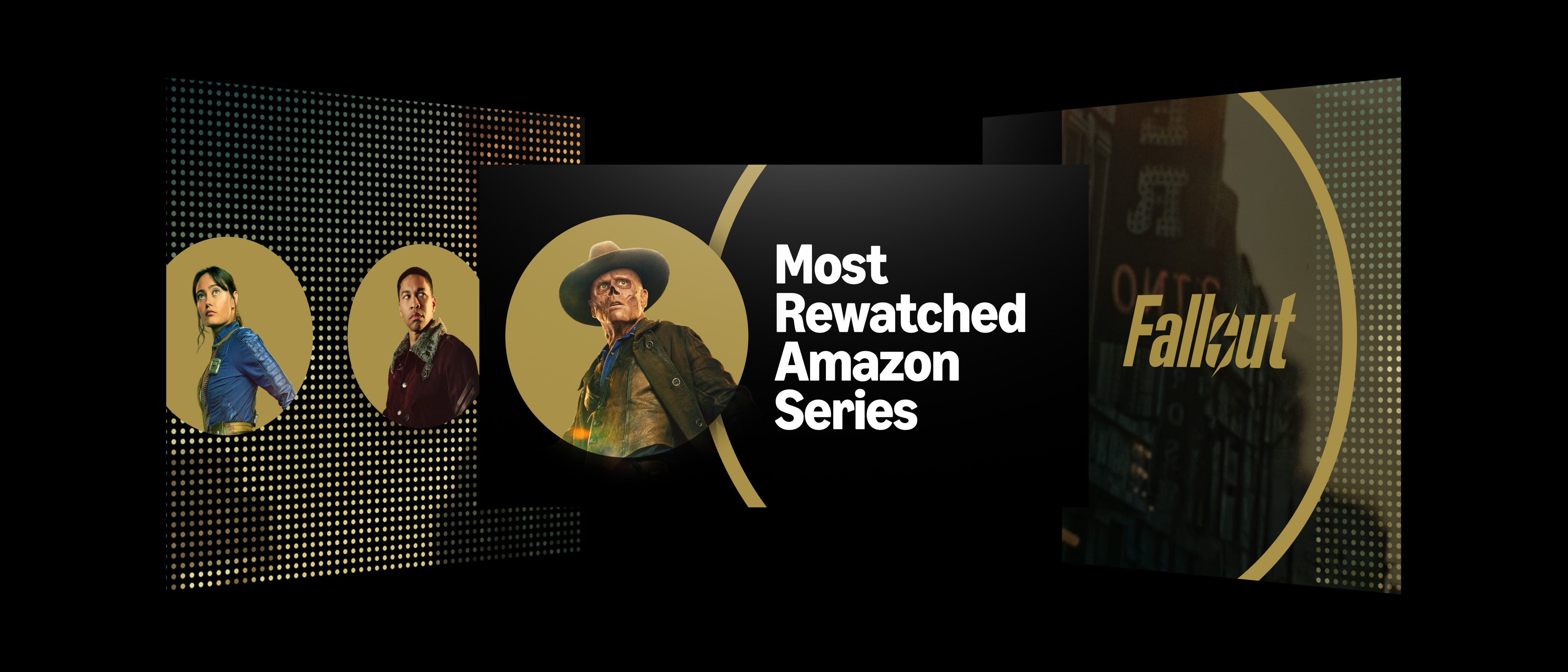 Fallout character portraits, gold arcs, and Most Rewatched Amazon Series lettering across three layered screens.