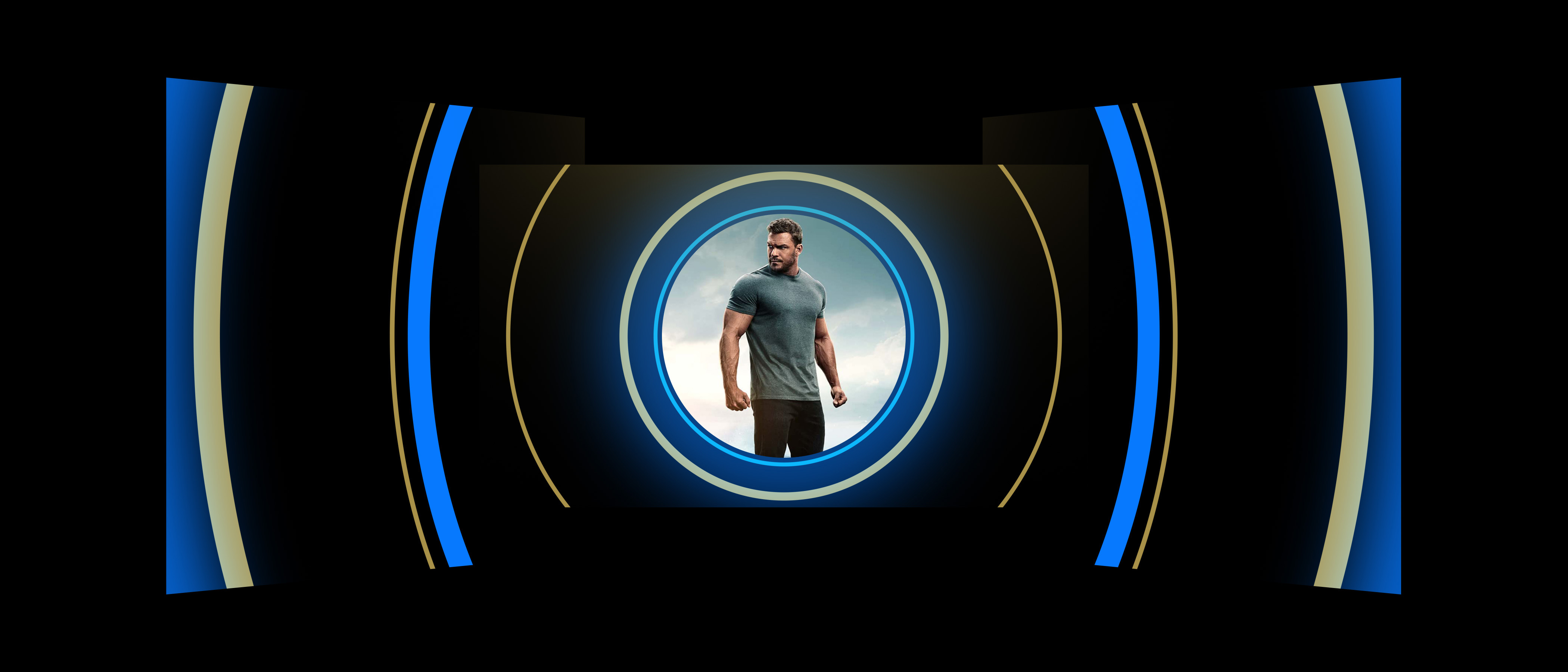 A man framed by concentric blue and gold rings across three black screens.