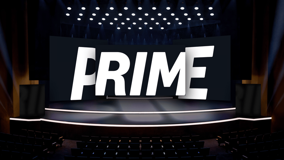 Prime Sports stage animation with oversized white typography and blue-lit screens.