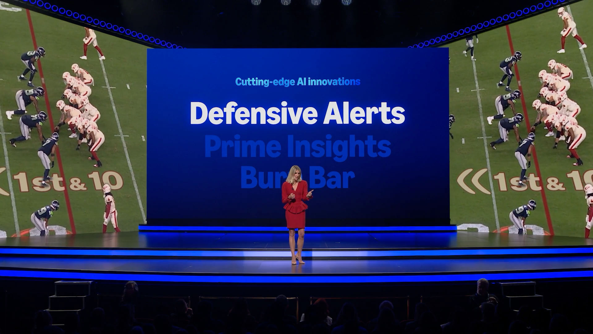 Charissa Thompson between football footage and a blue screen highlighting Defensive Alerts.