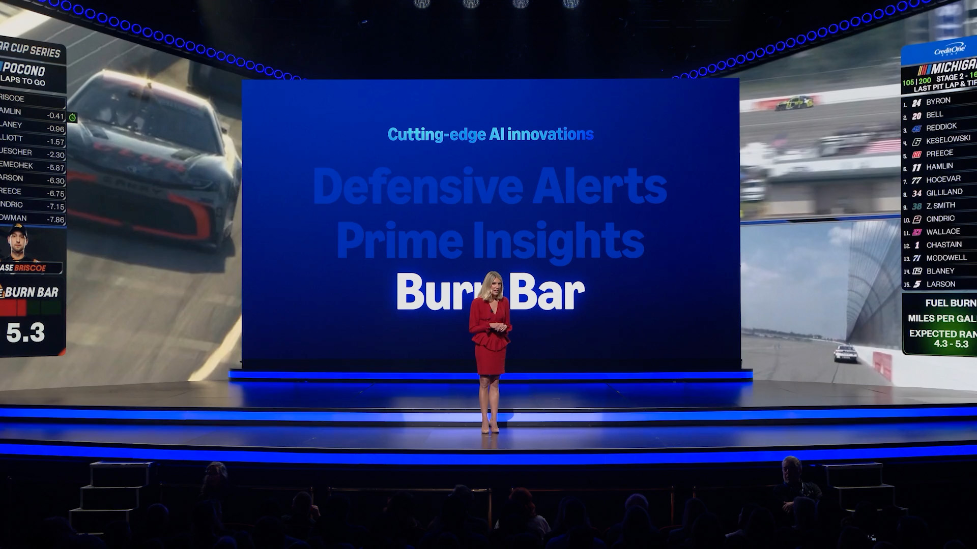 Charissa Thompson between racing footage and statistics, with Burn Bar highlighted on the center screen.