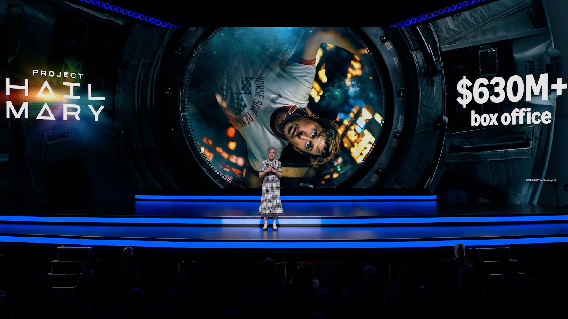 A presenter stands before Project Hail Mary spacecraft imagery and a $630M+ box office callout.