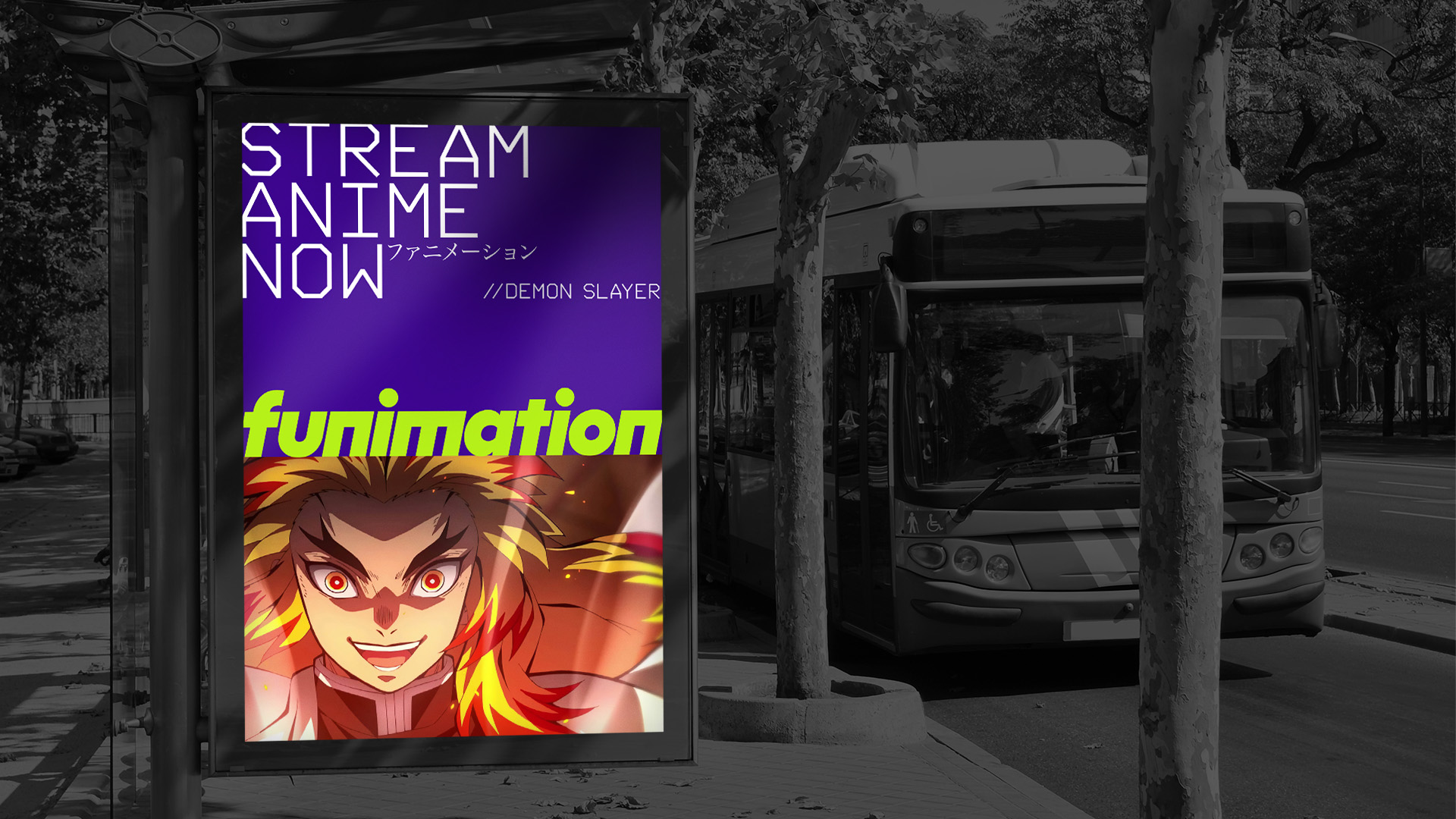 Funimation outdoor advertising on a bus.