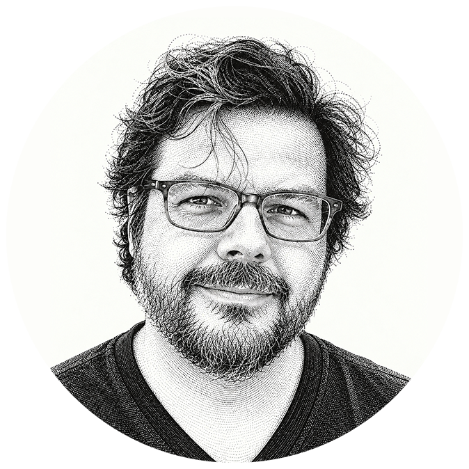 Illustrated portrait of Federico Reinfeld wearing glasses.